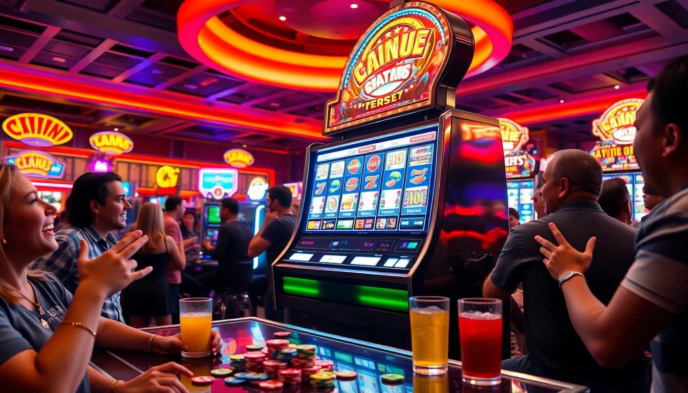 Slot77 mesin slot yang cerah dan berwarna-warni di kasino yang ramai.