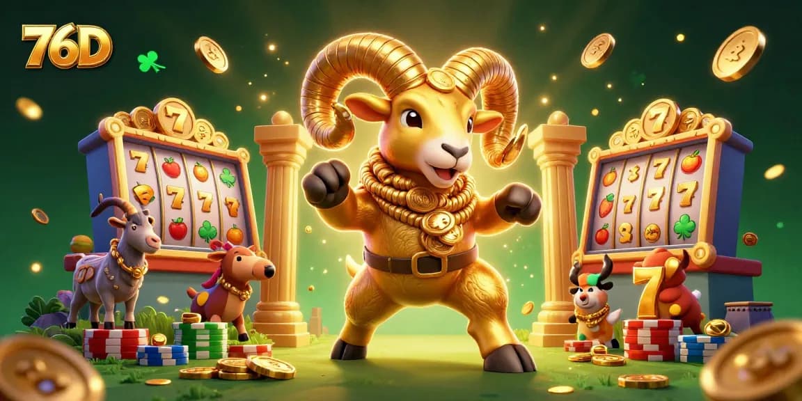 Aumente suas chances no jogo 76D com a ilustração 3D de slots vibrantes e um carneiro dourado.