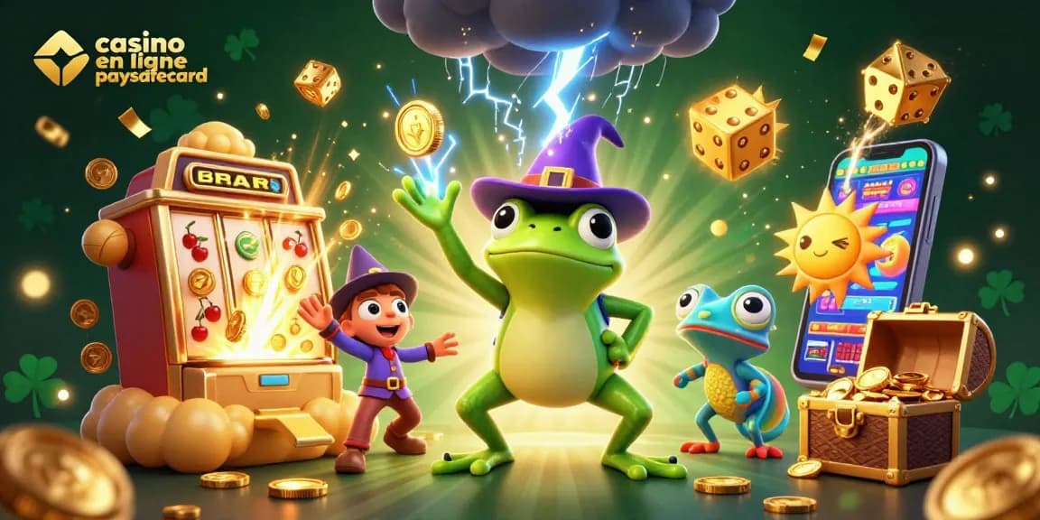 Plongez dans l'univers du casino en ligne paysafecard avec une illustration dynamique de personnages animés et de machines à sous.