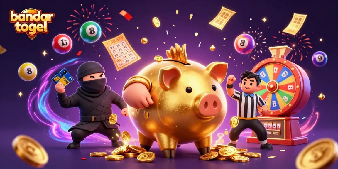 Engage with bandar togel as the golden piggy bank sumo wrestler triumphantly celebrates with vibrant lottery elements.