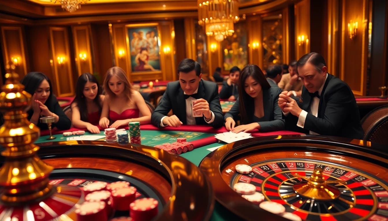S88 nhà cái players enjoying an exciting face-paced game night at a luxurious casino environment.