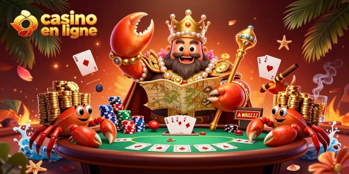 Illustration colorée de crabes et de jeux de poker sur un casino en ligne