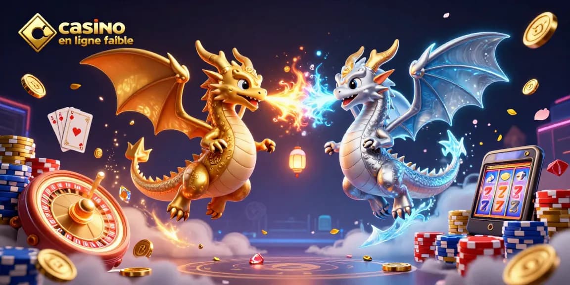 Visualisez des dragons 3D représentant un casino en ligne fiable avec des pièces d'or et des jeux de cartes