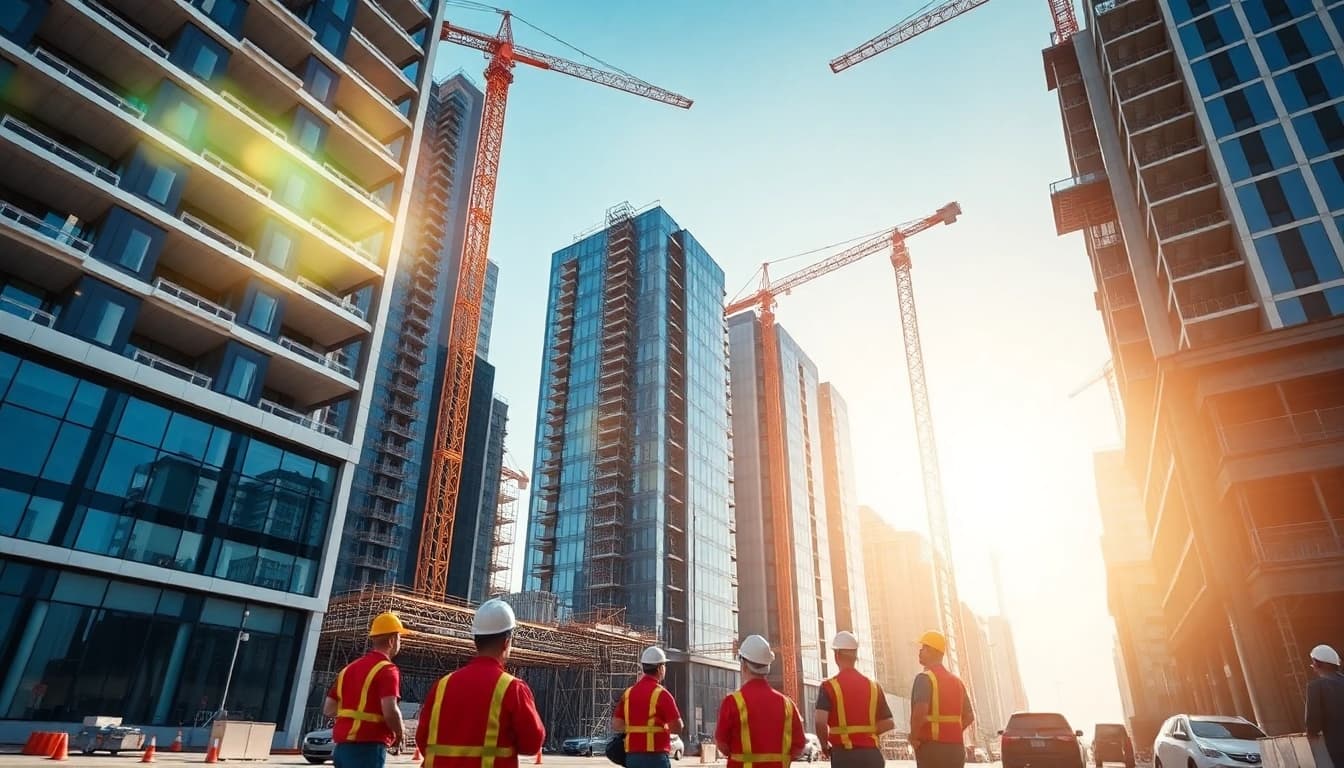 Real estate construction company engaged in high-rise building project, showcasing collaboration and innovation.