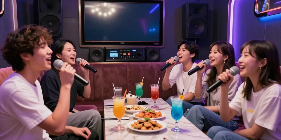 Friends singing and enjoying their time at 강남 유앤미 가라오케's vibrant karaoke room with modern decor.