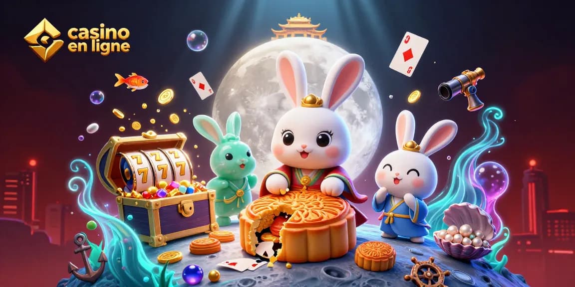 Illustration dynamique de casino en ligne avec un lapin de lune et des éléments de jeux, incluant des jetons de poker.