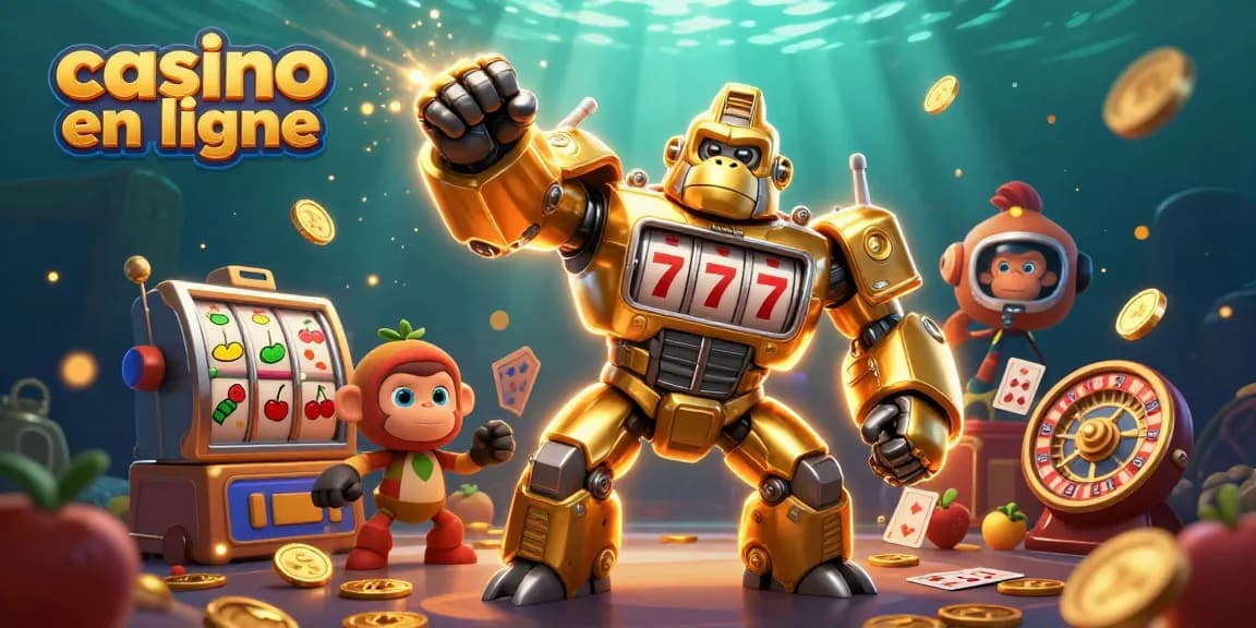 Plongez dans l'univers du casino en ligne avec un gorille mech en or et des symboles chanceux, jouant avec des pièces d'or.