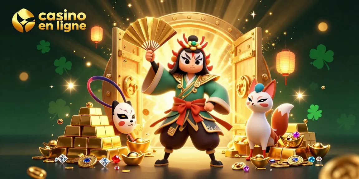 Vivez l'excitation du casino en ligne avec kabuki et kitsune entourés de richesses scintillantes.