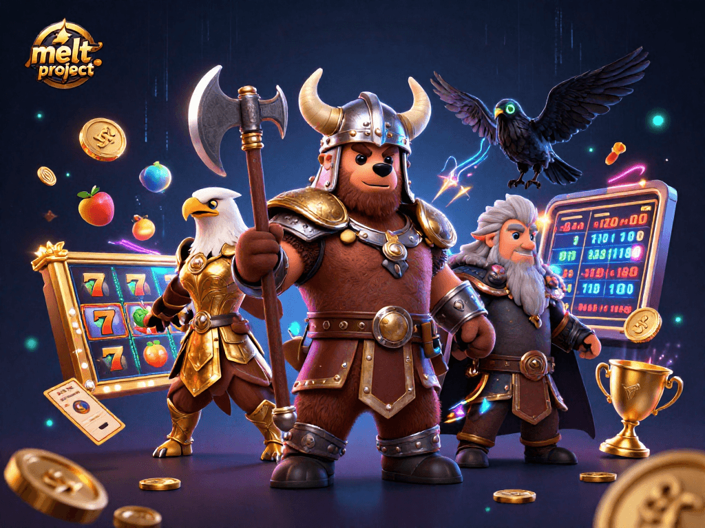 Engage with the vibrant spirit of the melt-project through a thrilling casino illustration featuring a Viking bear and rich game elements.