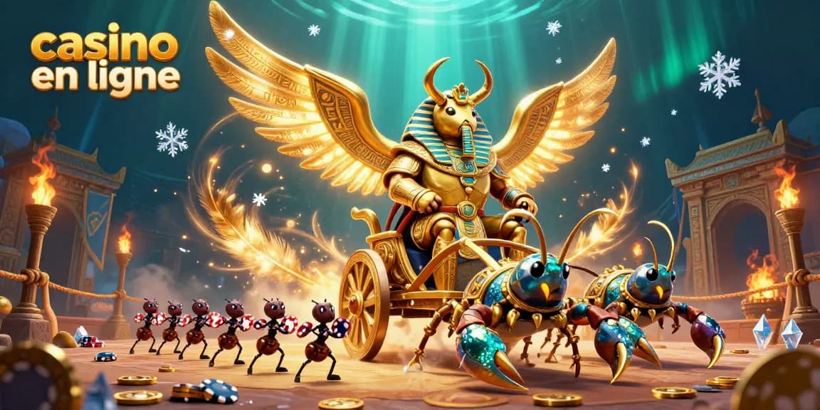 La scène captivante du casino en ligne montre un scarabée d'or majestueux et des scorpions, avec des jetons de poker flottant.