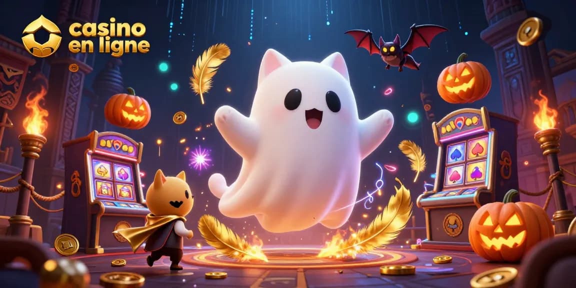Scène dynamique dans un casino en ligne avec un chat fantôme flottant, une chauve-souris vampire, et des jack-o-lanterns lumineuses.