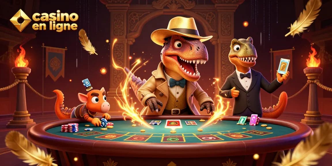 Casino en ligne : un velociraptor aux tables de blackjack avec un boss attentive, une scène ludique dynamique.