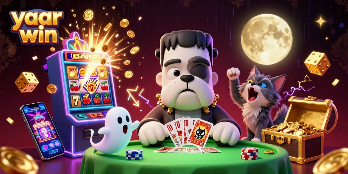 Experience thrilling games with yaar win as Frankenstein bulldog deals cards amid exploding slots!