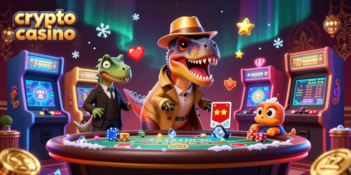 Gioca al crypto casino con un velociraptor intrigante e un boss pittoresco in un ambiente affollato e vivace.
