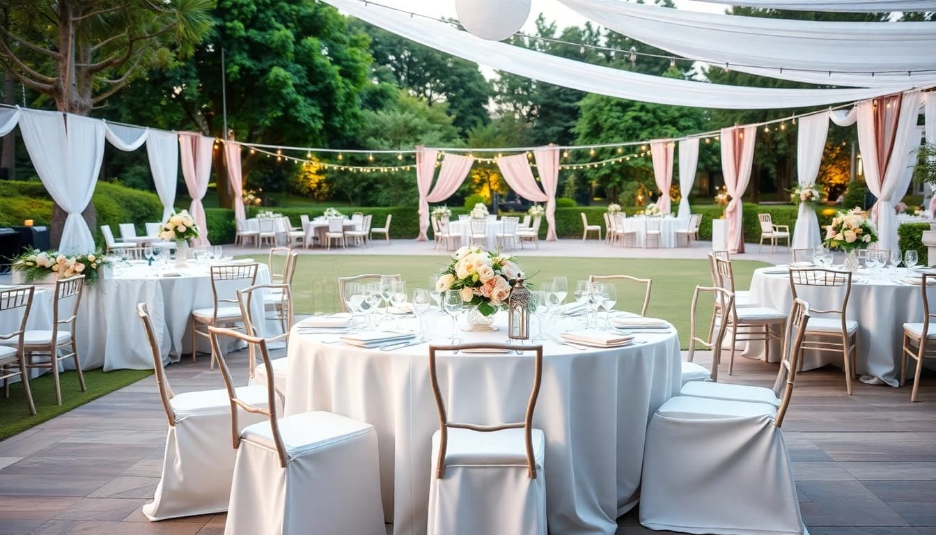Set of stylish Table & Chair Rentals arranged for an outdoor event with elegant décor.