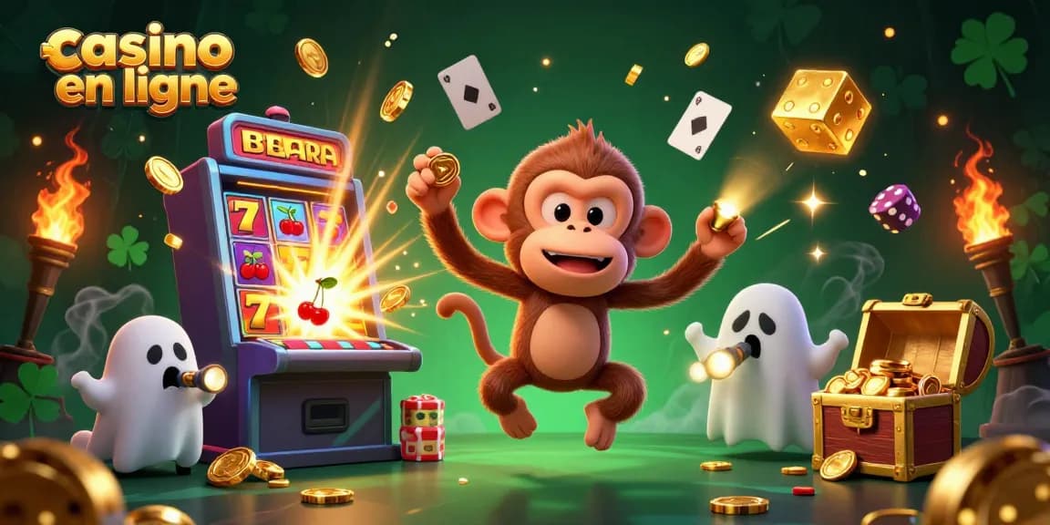 Illustration dynamique de casino en ligne avec un singe poltergeist et un chien chasseur.