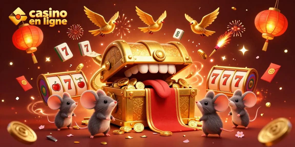 Illustration festive de casino en ligne avec un coffre au trésor attirant des souris aventurières, entouré d'éléments de jeu.