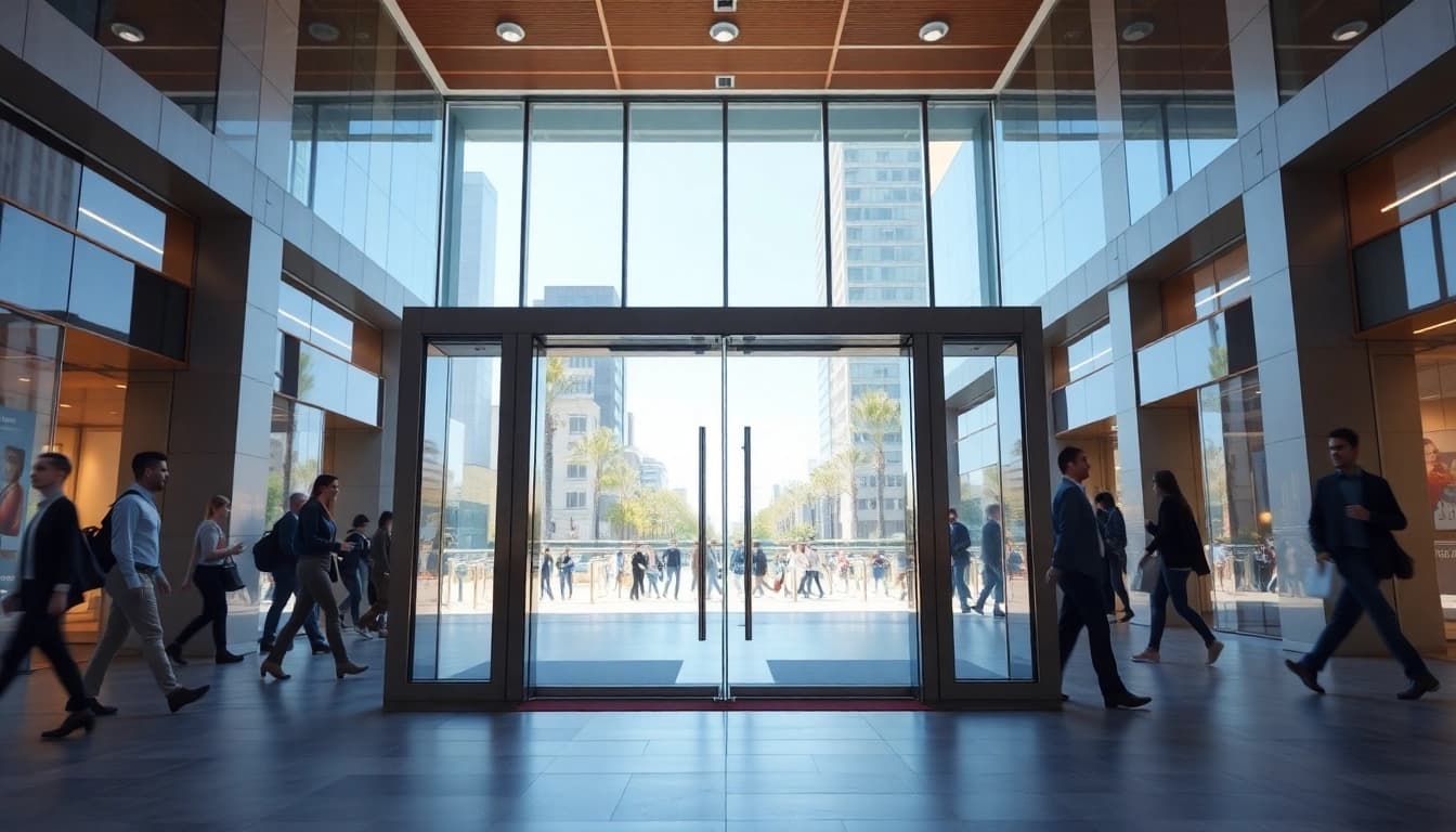 Commercial Automatic Doors elegantly enhancing an urban office entrance with modern architecture.