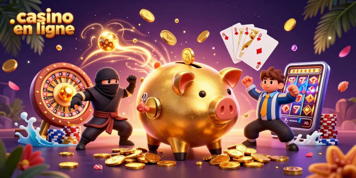 Illustration dynamique représentant le casino en ligne avec un sumo, un ninja et un samouraï.