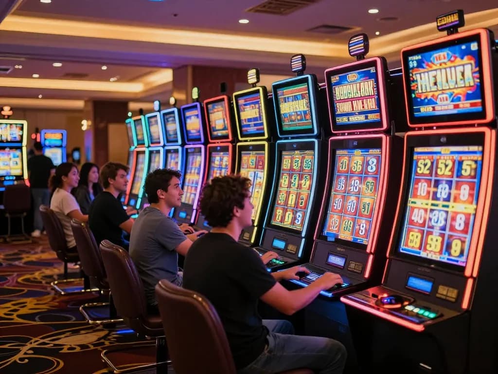 Players engaging with vivid slot machines, capturing the excitement of casino gaming