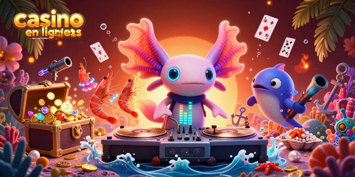 Vibrez avec le casino en ligne sans vérification en découvrant une scène animée de DJ axolotl coloré et des crevettes dansantes.
