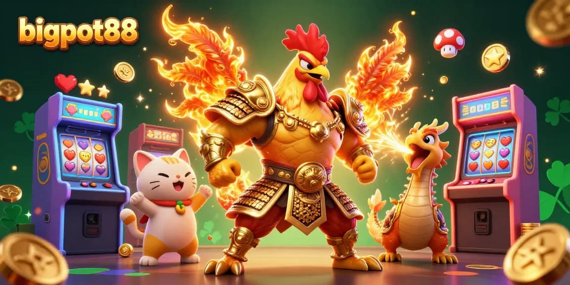 Experience the excitement of bigpot88 with a vibrant scene featuring a rooster warrior and a dragon hatchling amid casino-themed game elements.