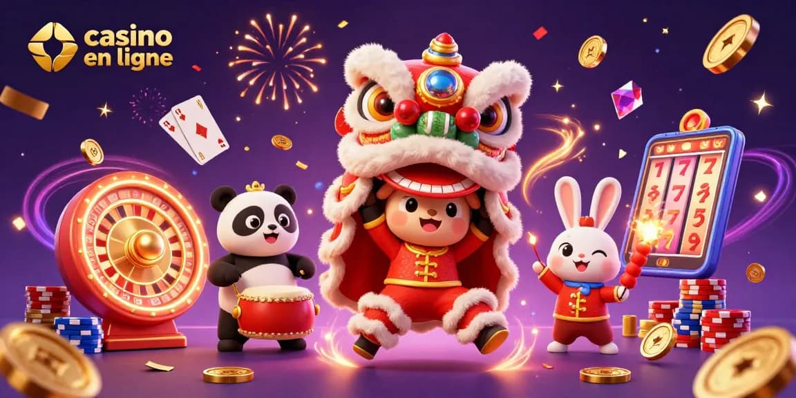 Profitez d'une expérience immersive de casino en ligne avec des personnages dansants, des pièces dorées et des jetons colorés.