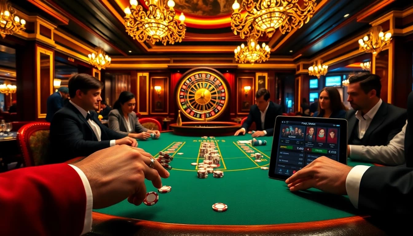 Vivez des moments palpitants dans un casino en ligne français avec des jetons de poker et une roulette.