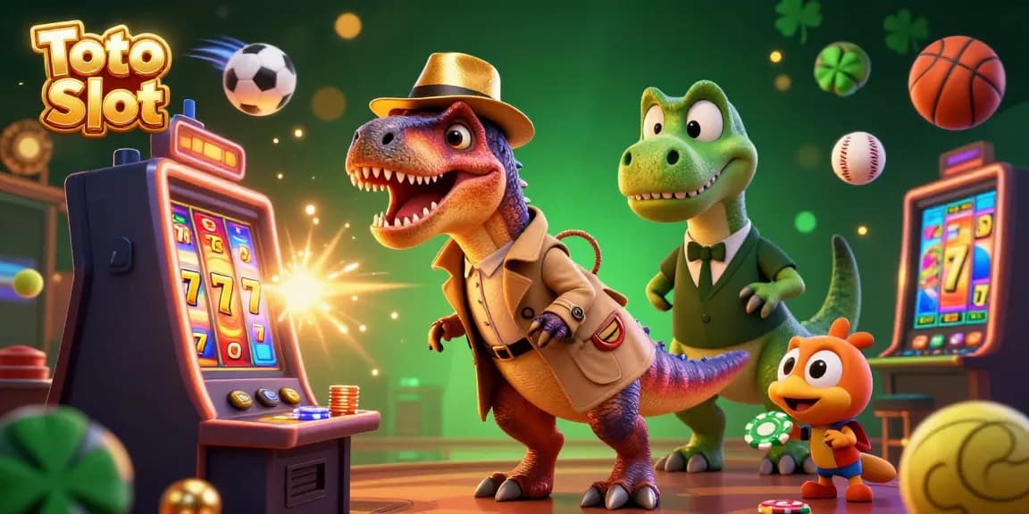 Toto Slot game showcased in a vibrant casino scene with animated characters engaging in slots.