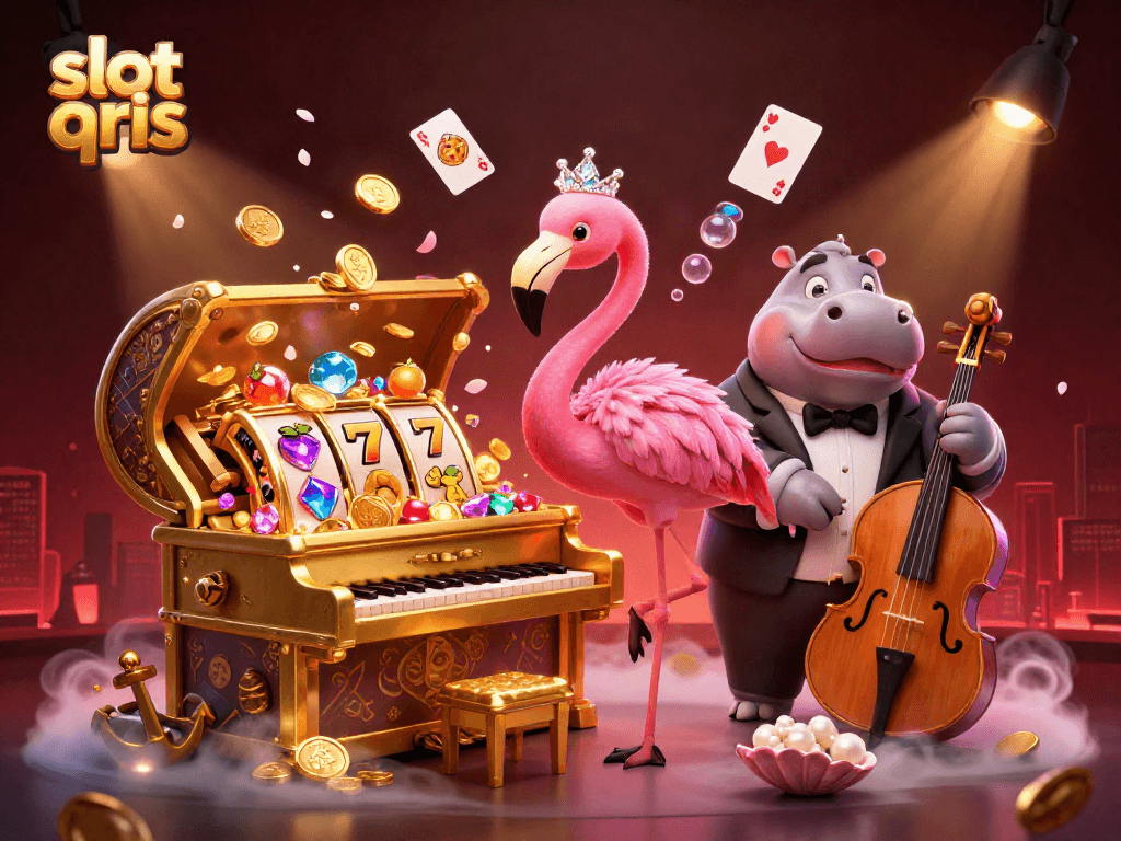 Experience the excitement of slot qris with vibrant casino characters and golden treasures in 3D illustration.