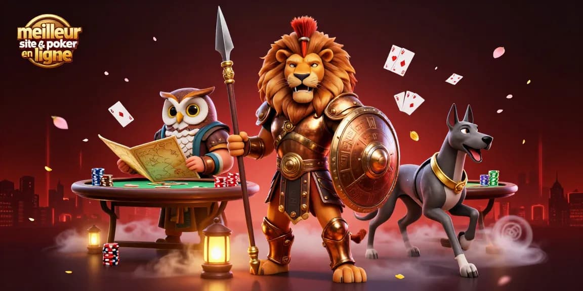 Découvrez le meilleur site de poker en ligne avec des personnages animés entourés de tables de poker et de jetons.