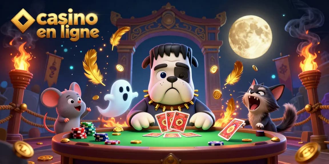 Plongez dans l'univers du casino en ligne avec une illustration 3D colorée animée de personnages de jeu.