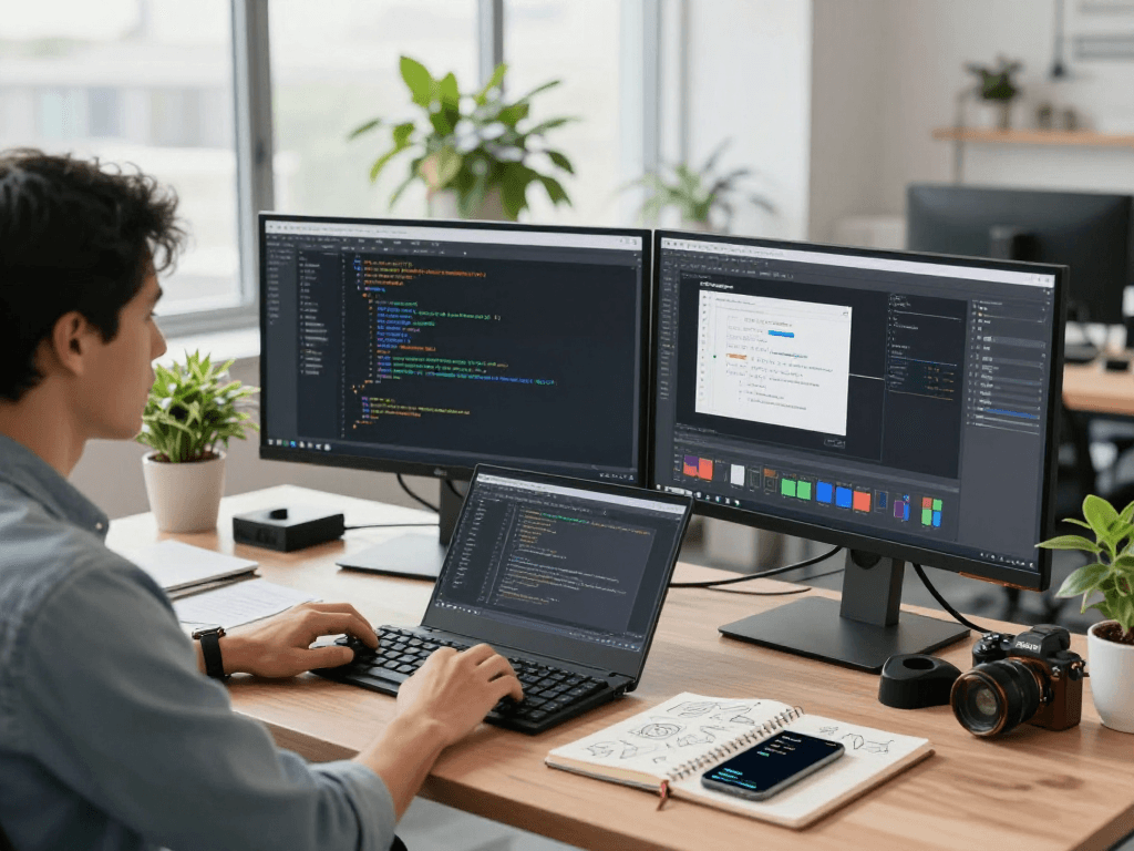 Developer using an antidetect browser in a modern workspace with dual monitors and vibrant coding.