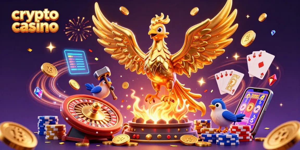 Célébrez le monde des crypto casinos avec un phoenix doré émergeant de la forge, entouré de pièces de Bitcoin et Ethereum.