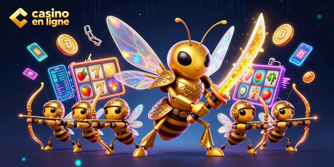 Découvrez les jeux de casino en ligne avec un énorme frelon samouraï en action, entouré de pièces cryptographiques.