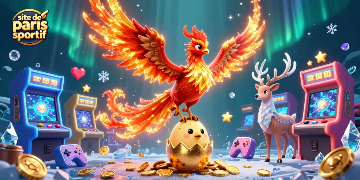 Jouez sur le site de paris sportif avec l'illustration d'un phœnix majestueux et des éléments de jeu.
