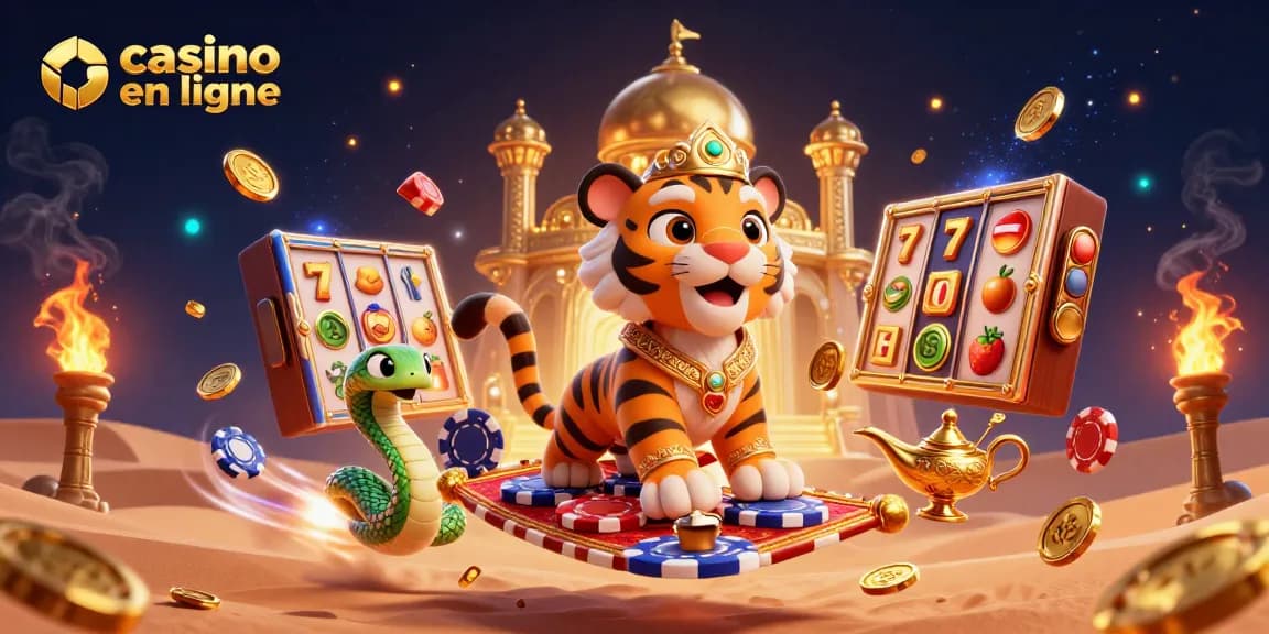 Profitez de l'expérience du casino en ligne avec ce tigre sultan et ses machines à sous colorées.