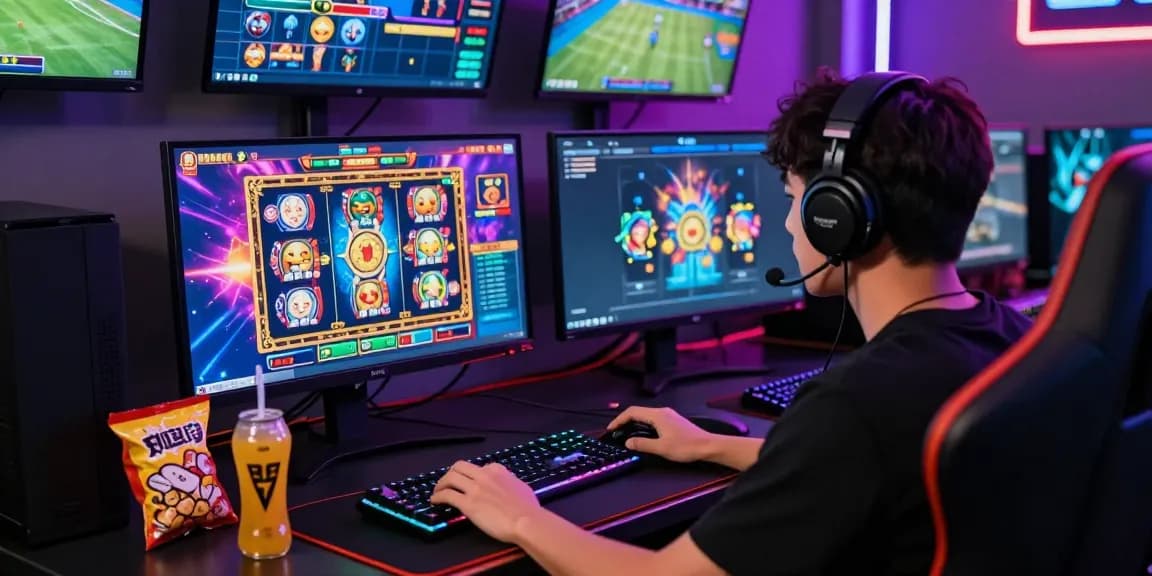 Exciting slot deposit 5000 gaming scene with player engaged at modern setup featuring vibrant graphics.