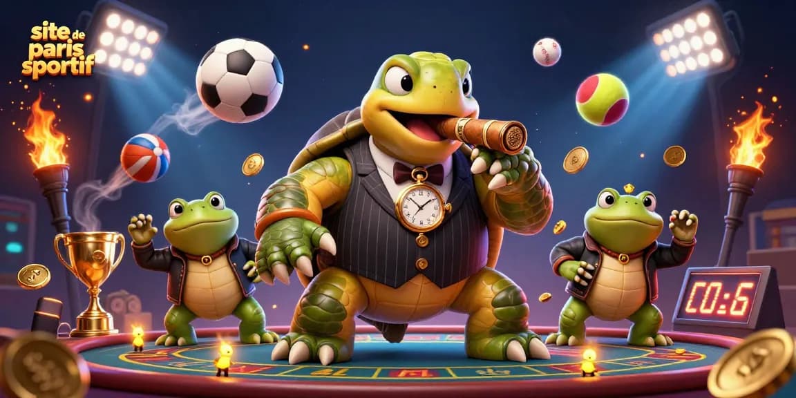 Jouez sur le site de paris sportif avec une scène dynamique de tortue et grenouilles au casino.
