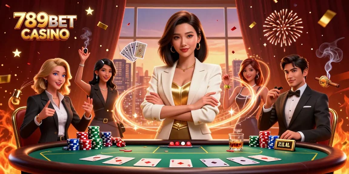 Experience the excitement at 789BET CASINO with a powerful business-woman holding a golden deck of cards in a dynamic casino scene.