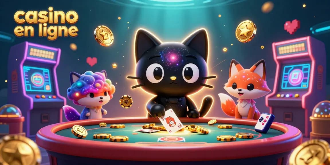 Les jeux de casino en ligne avec un chat noir trou noir attirant des jetons d'or et des cartes.