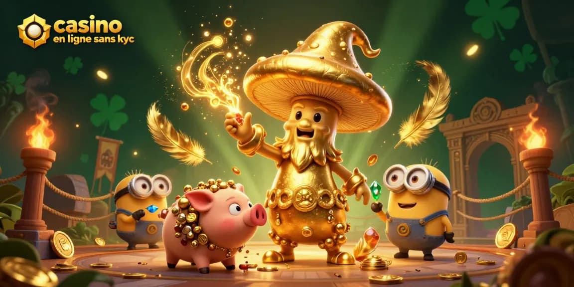 Jouez dans un casino en ligne sans KYC, entouré de magie dorée, trésors et personnages animés.