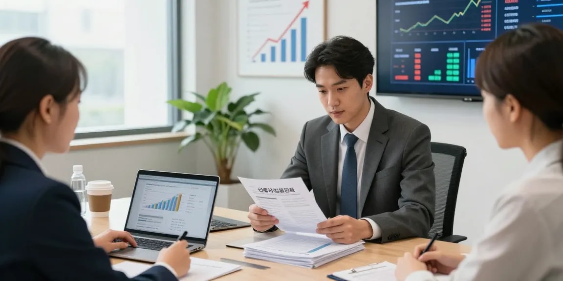 Financial advisor discussing 신용카드현금화 options with clients in a modern office.