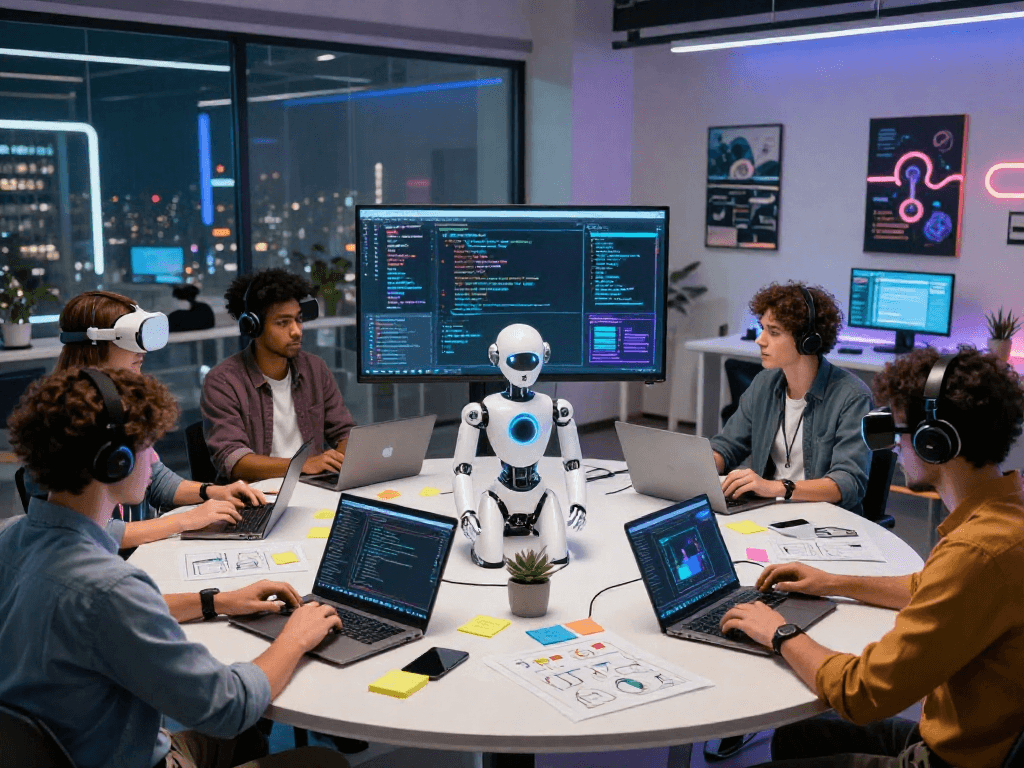 Interactive workspace featuring developers discussing advanced sex bot technology with holographic displays and laptops in a modern setting