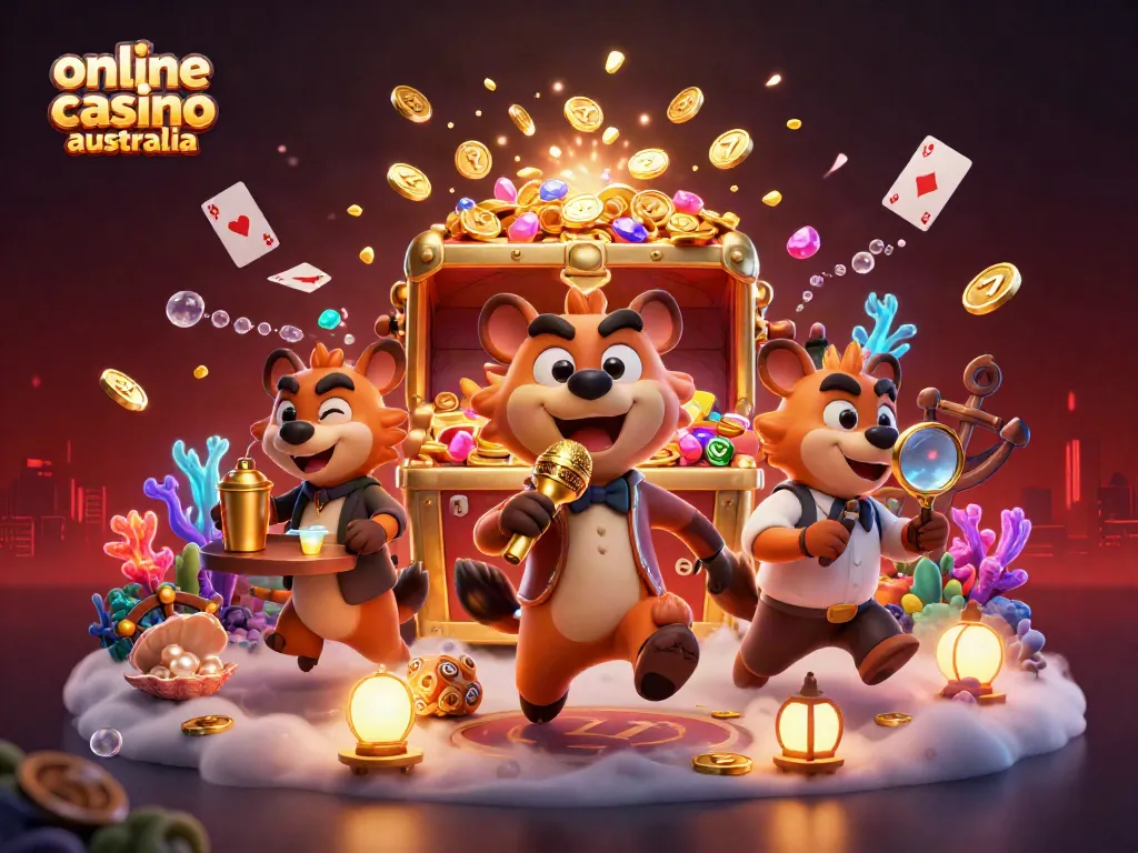 Experience the vibrant scene of an online casino Australia with cartoon hyenas in a comedy club setting.