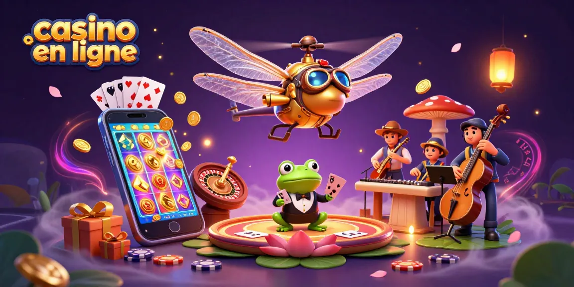 Illustration d'un casino en ligne avec un pilote d'hélicoptère et un croupier grenouille.