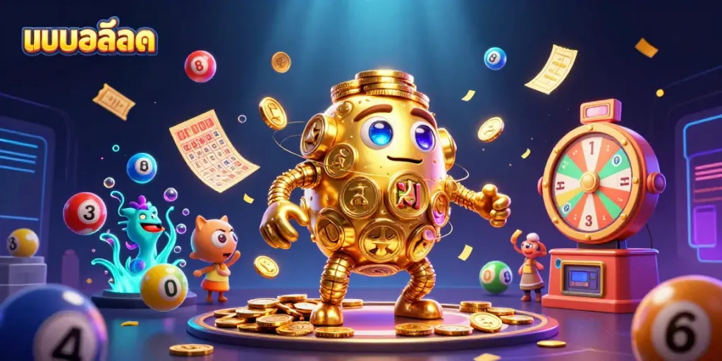 Experience the thrill of แบบสล็อต with this visually engaging 3D illustration featuring dynamic casino elements and vibrant lottery games.