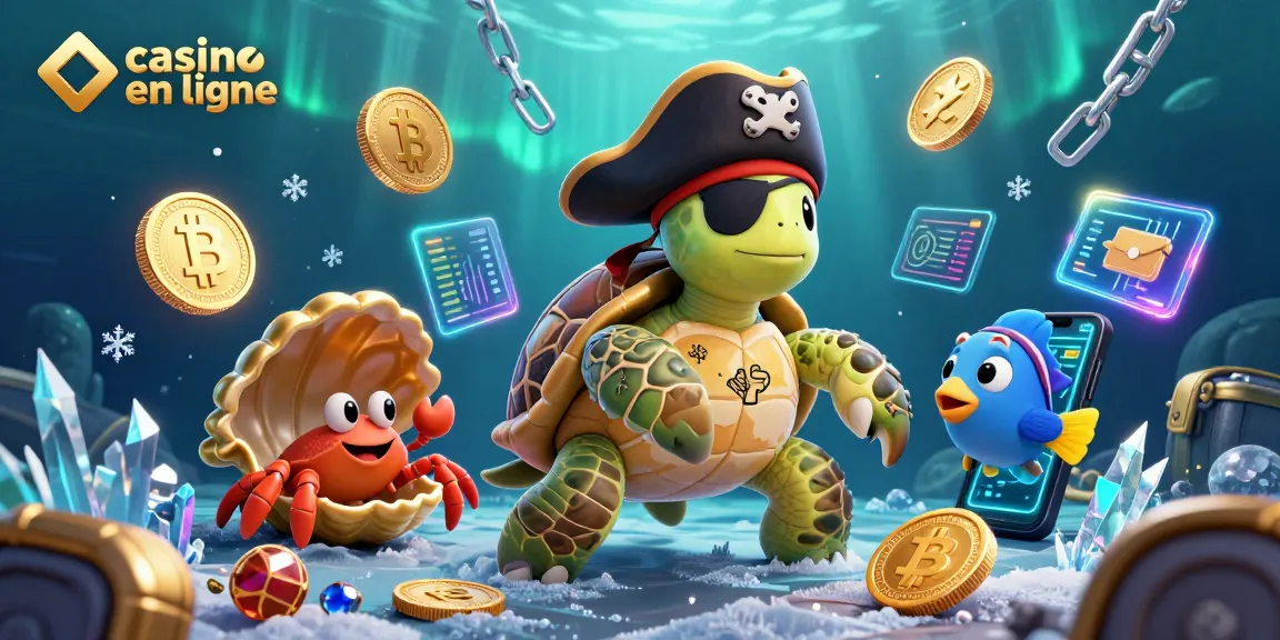 Incarnez l'excitation du casino en ligne avec cette illustration dynamique des personnages marins entourés de trésors numériques.