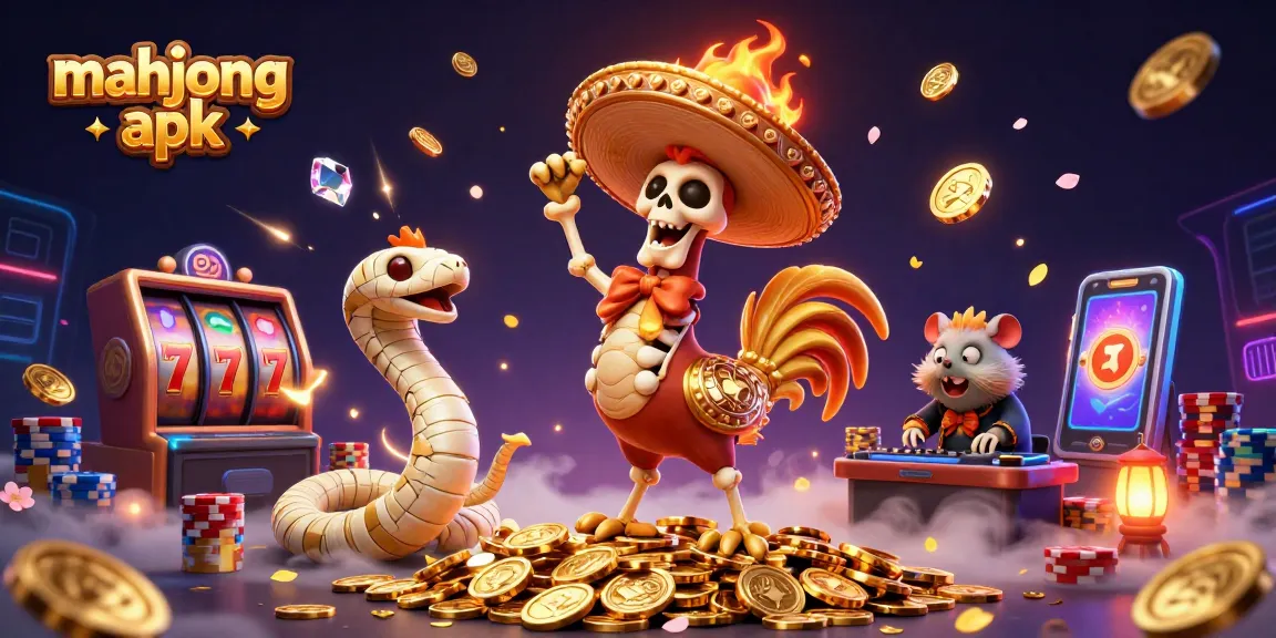 Win big at mahjongapk with an engaging illustration of casino characters celebrating amidst vibrant slot machine elements.