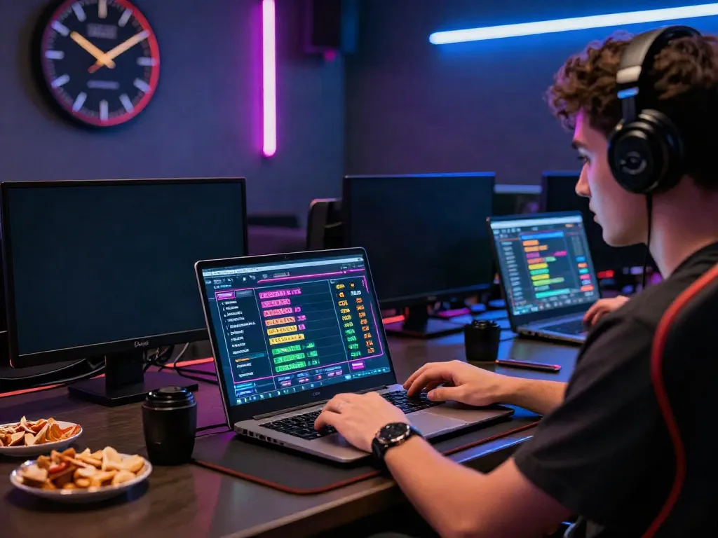 Pengalaman taruhan online Totobet dengan pemain aktif menggunakan laptop dan smartphone di ruang gaming modern.